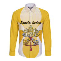 Yellow long sleeve button shirt with front crest graphic and 'Sancta Sedes' text