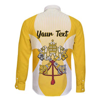 Yellow long sleeve button shirt with back 'Your Text' graphic and crest