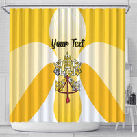 Yellow shower curtain with crest and 'Your Text' centered, on shower rod