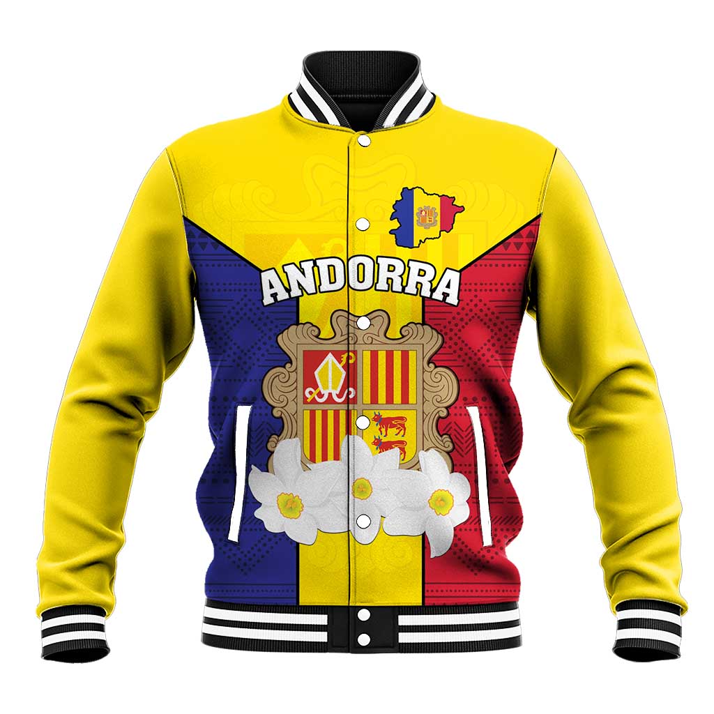 Custom Andorra Coat Of Arms Baseball Jacket Narcissus Poeticus Flowers Flag Style