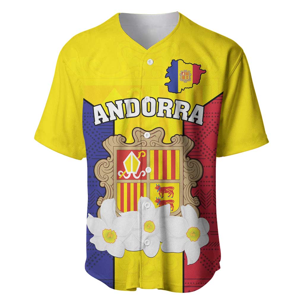 Custom Andorra Coat Of Arms Baseball Jersey Narcissus Poeticus Flowers Flag Style