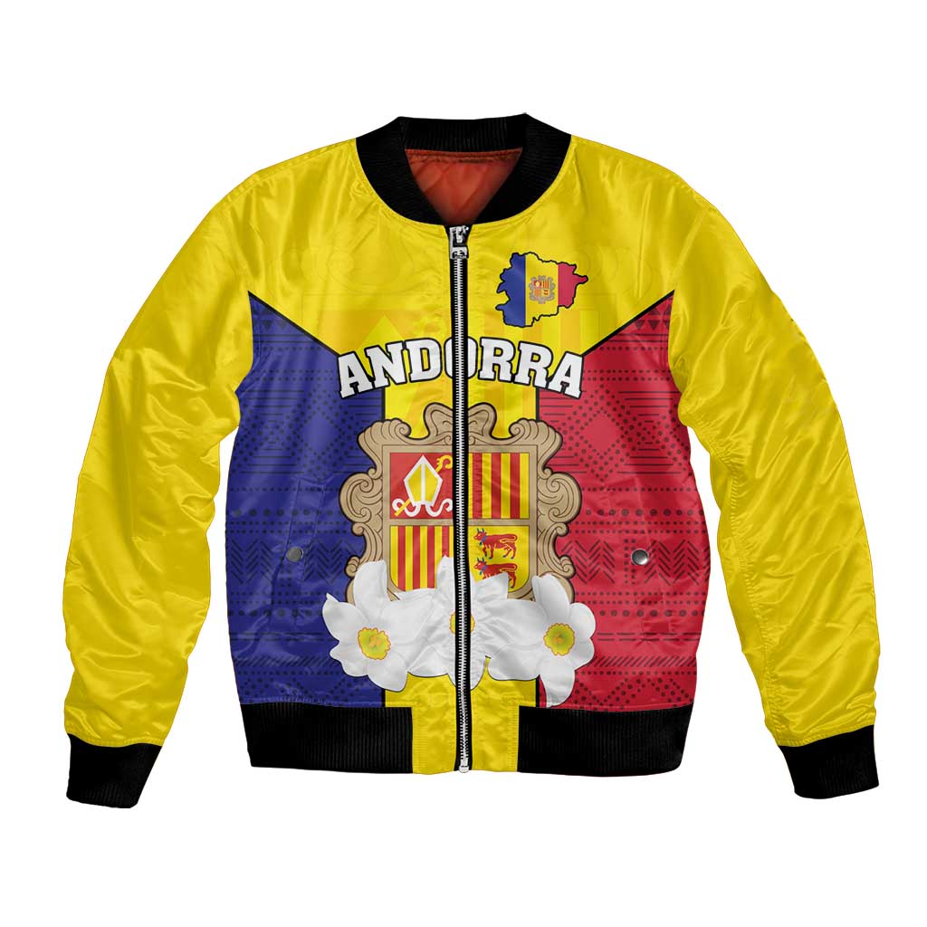 Custom Andorra Coat Of Arms Bomber Jacket Narcissus Poeticus Flowers Flag Style