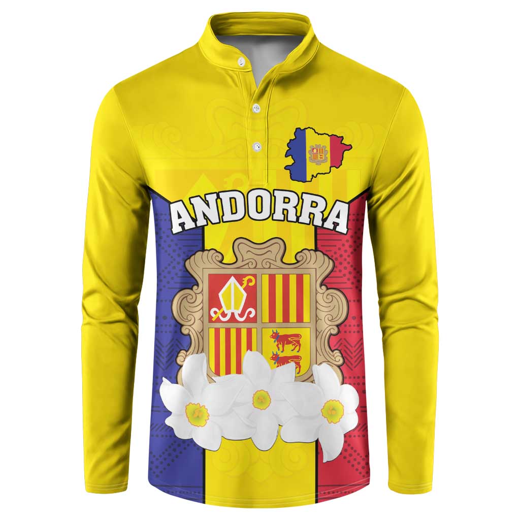 Custom Andorra Coat Of Arms Button Sweatshirt Narcissus Poeticus Flowers Flag Style