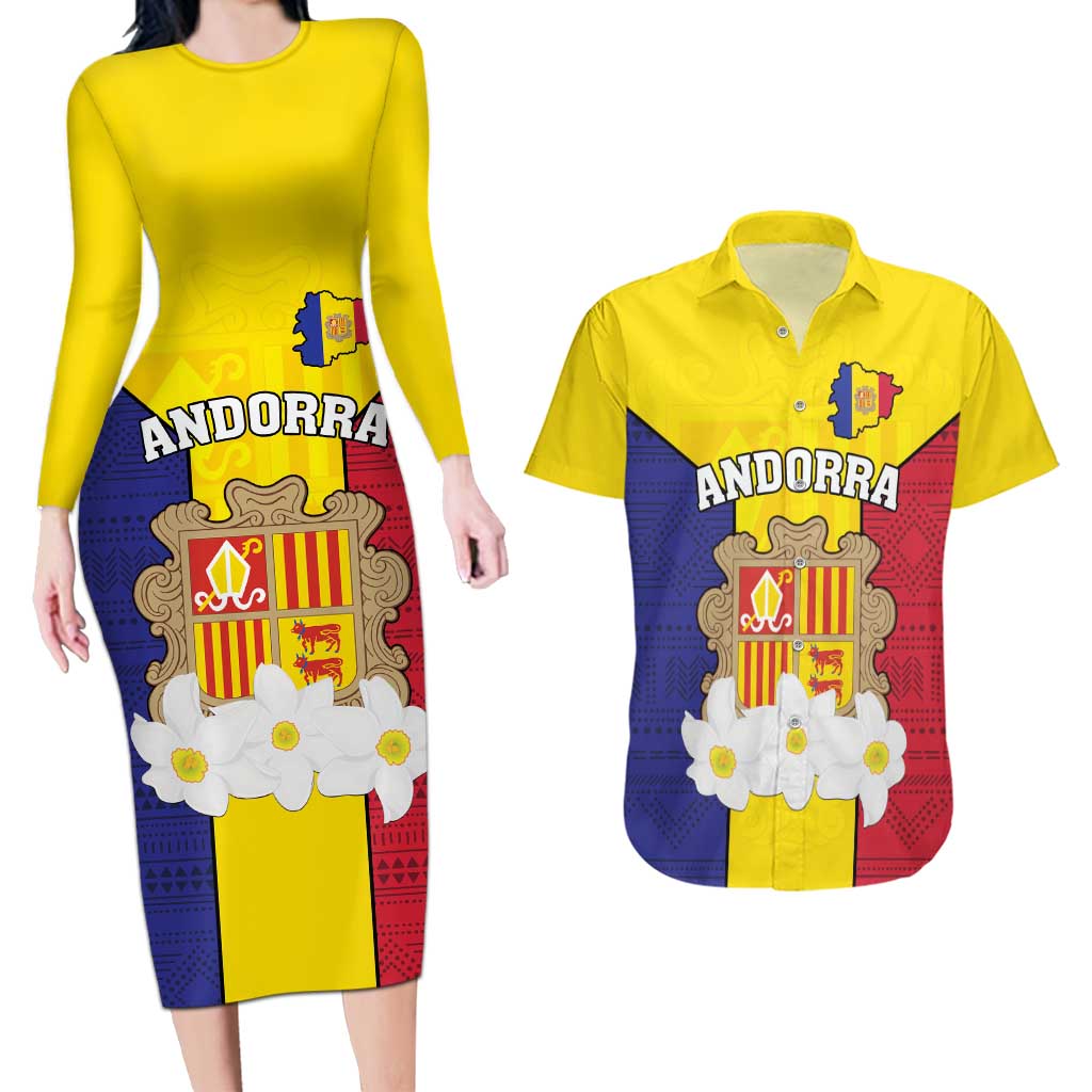 Custom Andorra Coat Of Arms Couples Matching Long Sleeve Bodycon Dress and Hawaiian Shirt Narcissus Poeticus Flowers Flag Style