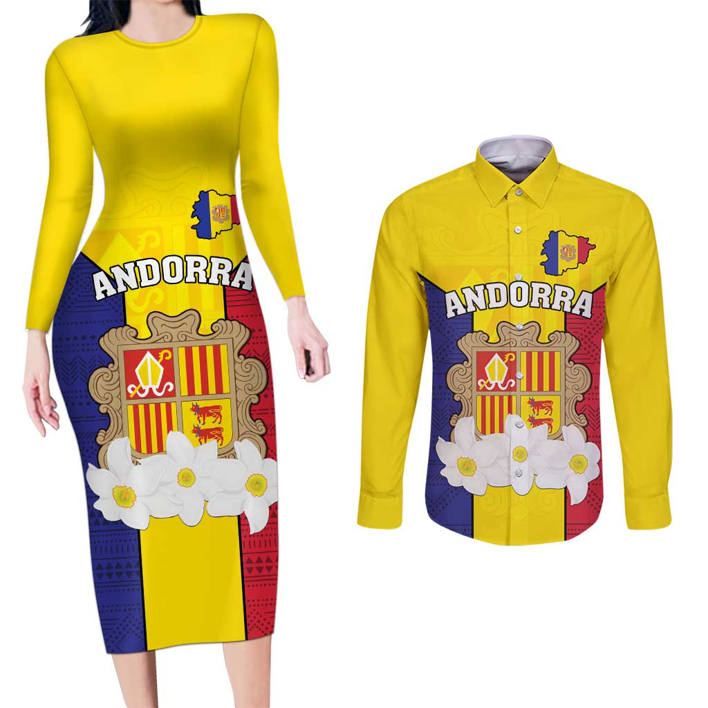 Custom Andorra Coat Of Arms Couples Matching Long Sleeve Bodycon Dress and Long Sleeve Button Shirt Narcissus Poeticus Flowers Flag Style