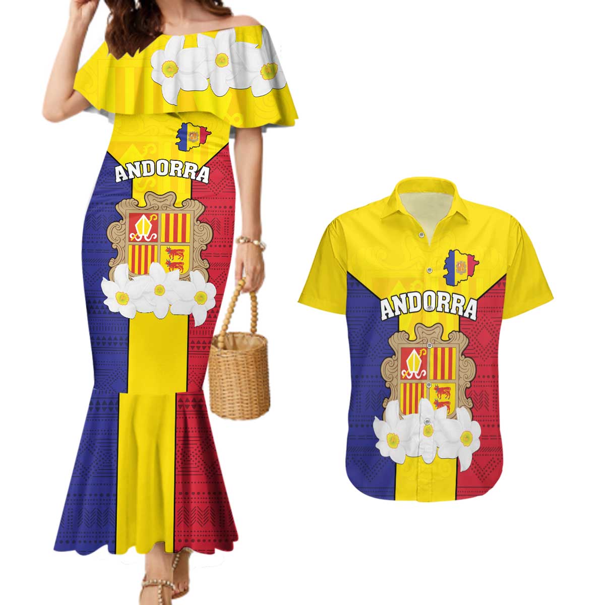 Custom Andorra Coat Of Arms Couples Matching Mermaid Dress and Hawaiian Shirt Narcissus Poeticus Flowers Flag Style