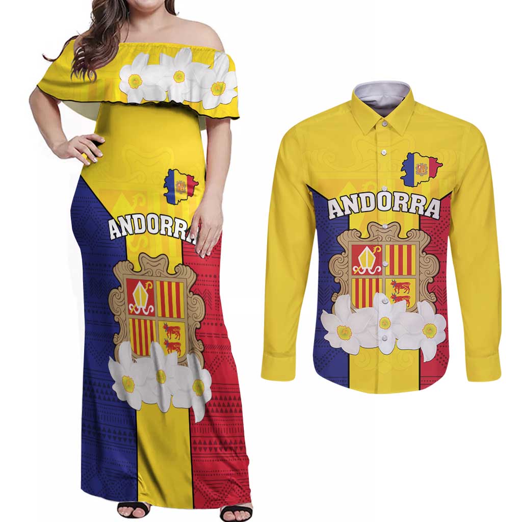 Custom Andorra Coat Of Arms Couples Matching Off Shoulder Maxi Dress and Long Sleeve Button Shirt Narcissus Poeticus Flowers Flag Style