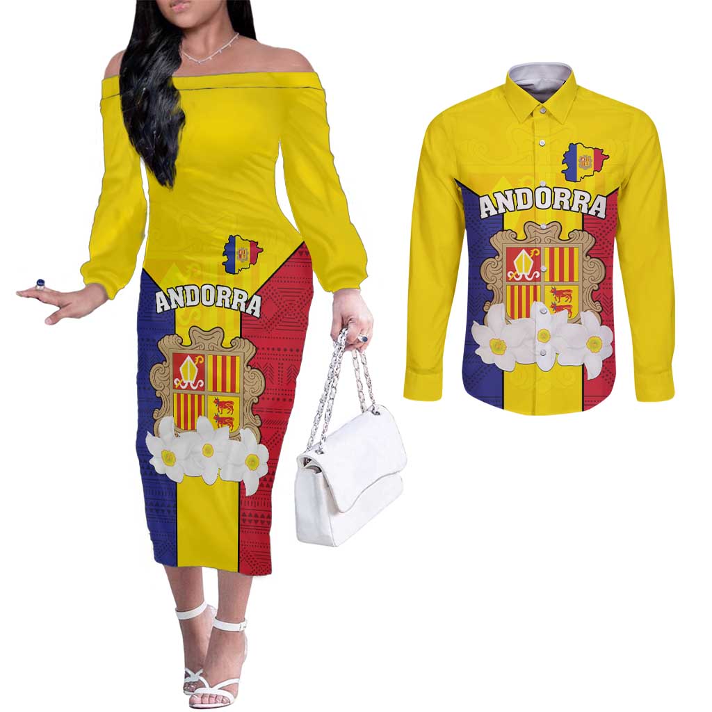 Custom Andorra Coat Of Arms Couples Matching Off The Shoulder Long Sleeve Dress and Long Sleeve Button Shirt Narcissus Poeticus Flowers Flag Style