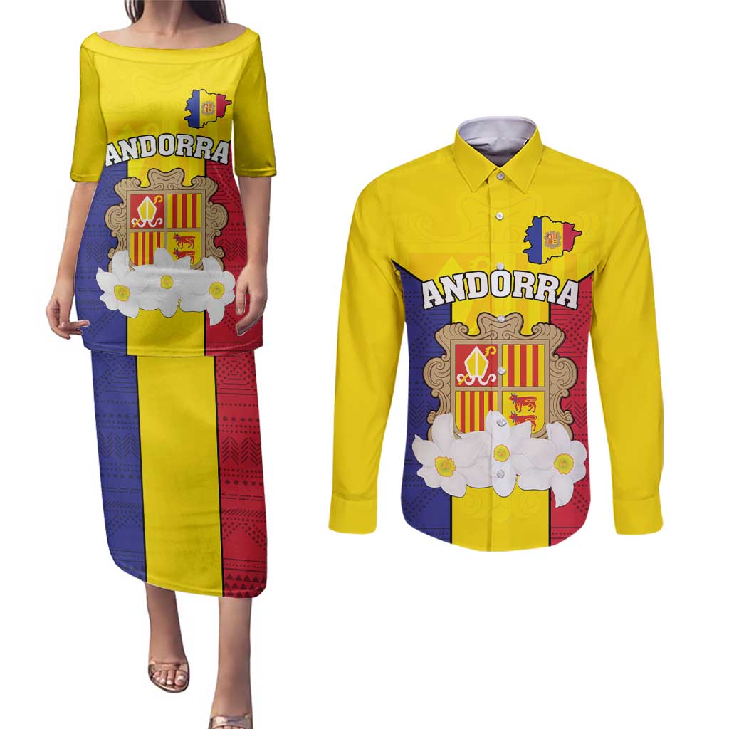 Custom Andorra Coat Of Arms Couples Matching Puletasi and Long Sleeve Button Shirt Narcissus Poeticus Flowers Flag Style