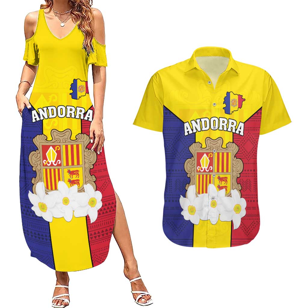 Custom Andorra Coat Of Arms Couples Matching Summer Maxi Dress and Hawaiian Shirt Narcissus Poeticus Flowers Flag Style