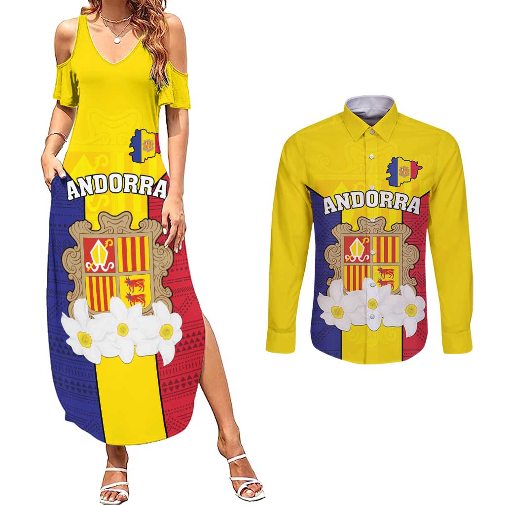 Custom Andorra Coat Of Arms Couples Matching Summer Maxi Dress and Long Sleeve Button Shirt Narcissus Poeticus Flowers Flag Style