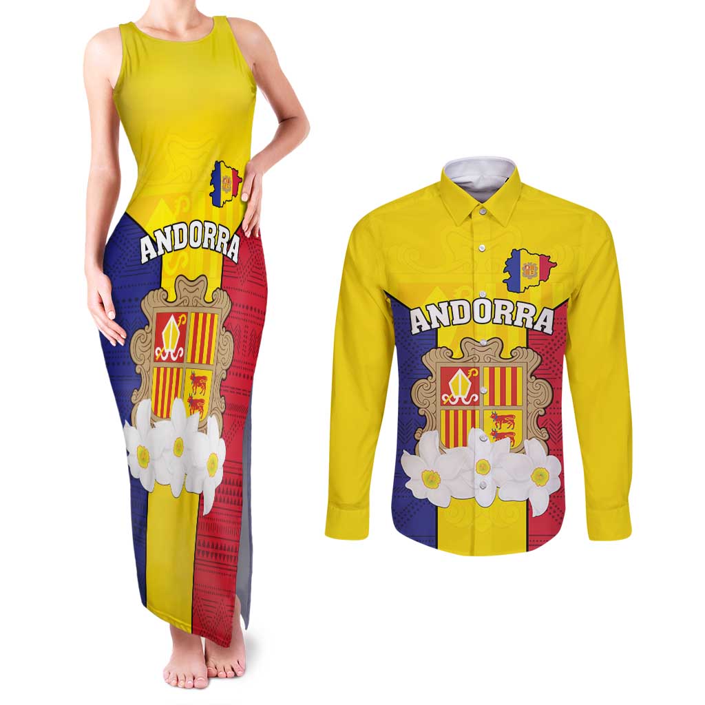 Custom Andorra Coat Of Arms Couples Matching Tank Maxi Dress and Long Sleeve Button Shirt Narcissus Poeticus Flowers Flag Style