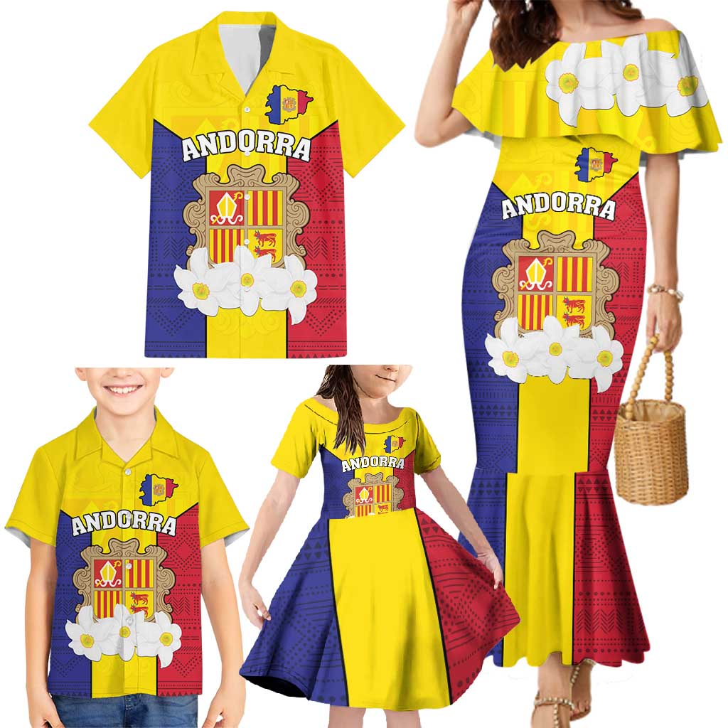 Custom Andorra Coat Of Arms Family Matching Mermaid Dress and Hawaiian Shirt Narcissus Poeticus Flowers Flag Style