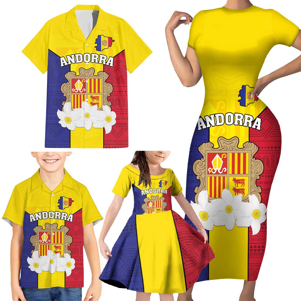 Custom Andorra Coat Of Arms Family Matching Short Sleeve Bodycon Dress and Hawaiian Shirt Narcissus Poeticus Flowers Flag Style