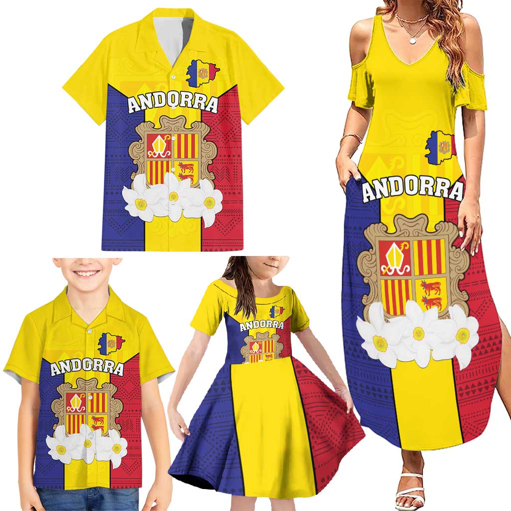 Custom Andorra Coat Of Arms Family Matching Summer Maxi Dress and Hawaiian Shirt Narcissus Poeticus Flowers Flag Style