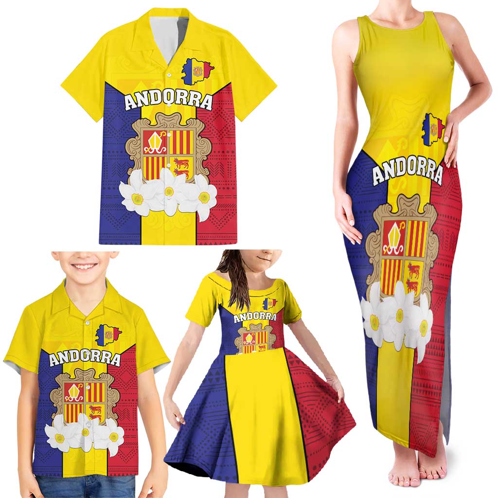 Custom Andorra Coat Of Arms Family Matching Tank Maxi Dress and Hawaiian Shirt Narcissus Poeticus Flowers Flag Style