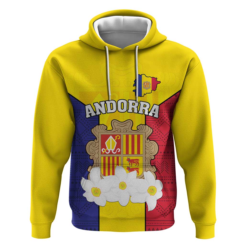 Custom Andorra Coat Of Arms Hoodie Narcissus Poeticus Flowers Flag Style