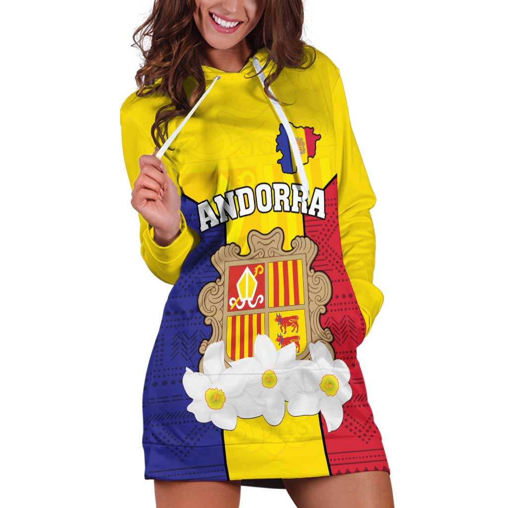 Custom Andorra Coat Of Arms Hoodie Dress Narcissus Poeticus Flowers Flag Style