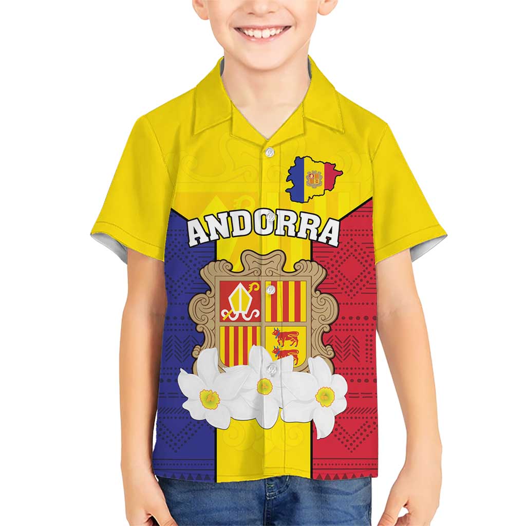 Custom Andorra Coat Of Arms Kid Hawaiian Shirt Narcissus Poeticus Flowers Flag Style