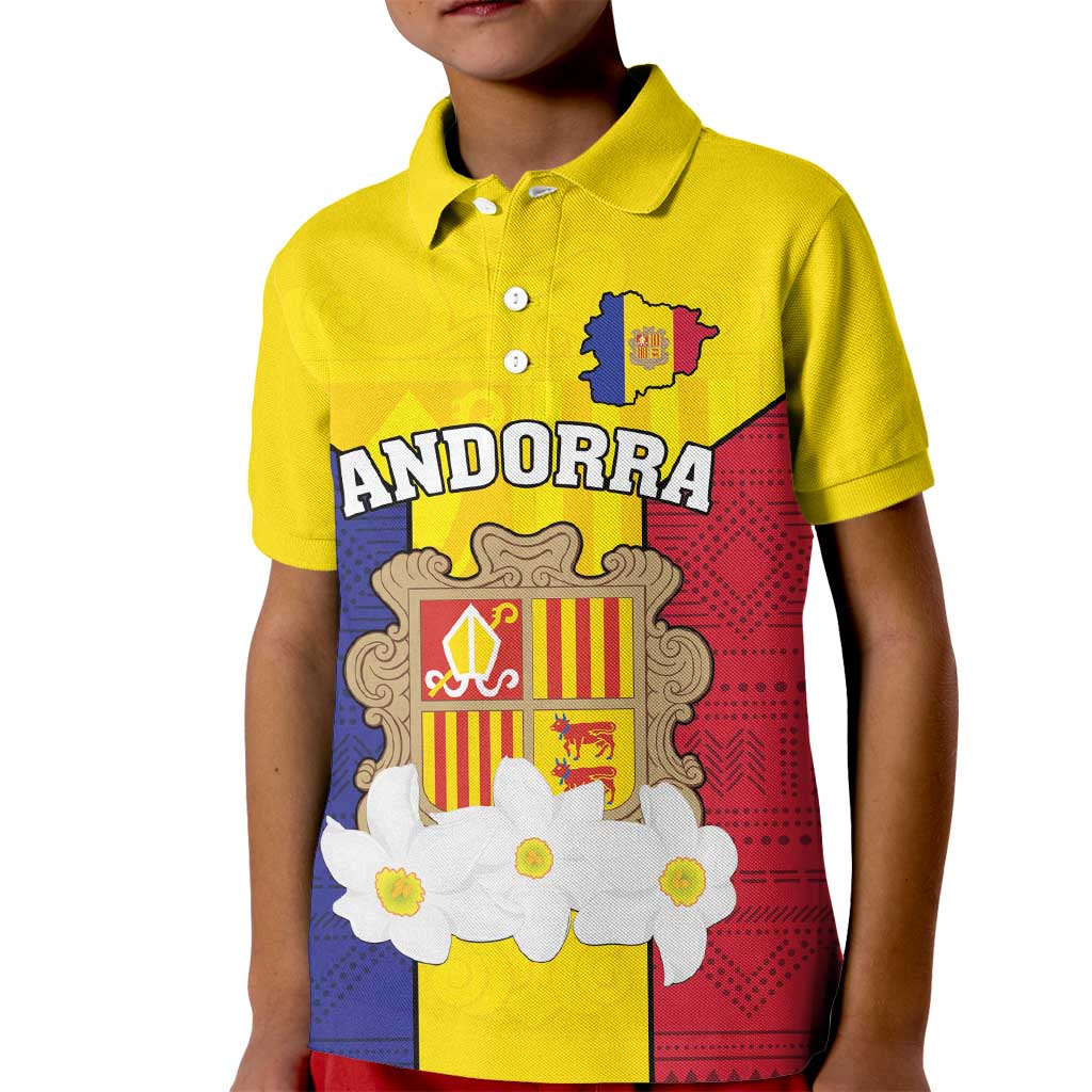 Custom Andorra Coat Of Arms Kid Polo Shirt Narcissus Poeticus Flowers Flag Style