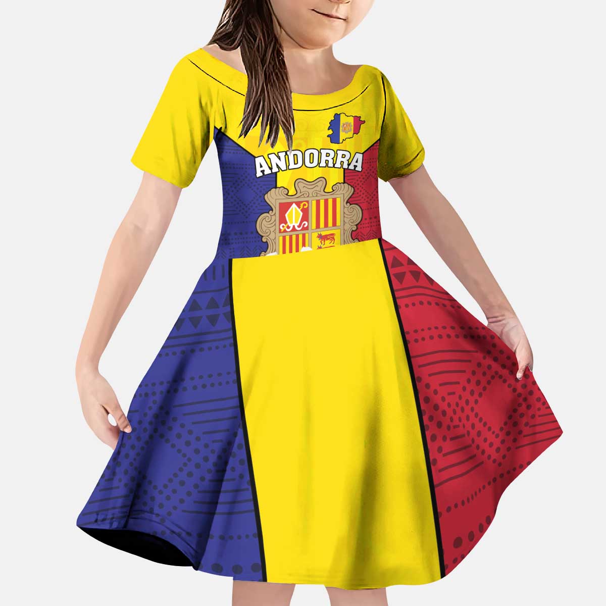 Custom Andorra Coat Of Arms Kid Short Sleeve Dress Narcissus Poeticus Flowers Flag Style