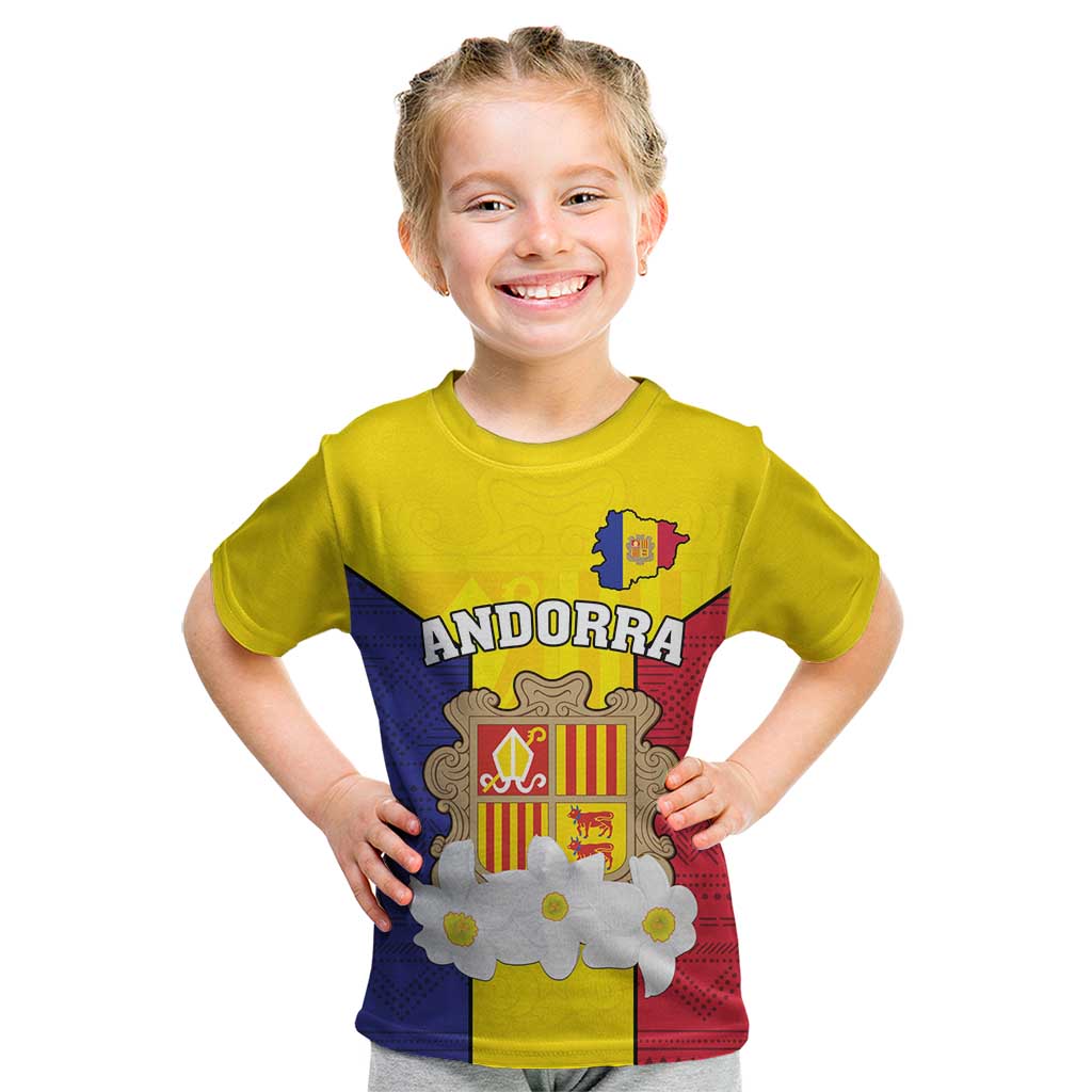 Custom Andorra Coat Of Arms Kid T Shirt Narcissus Poeticus Flowers Flag Style