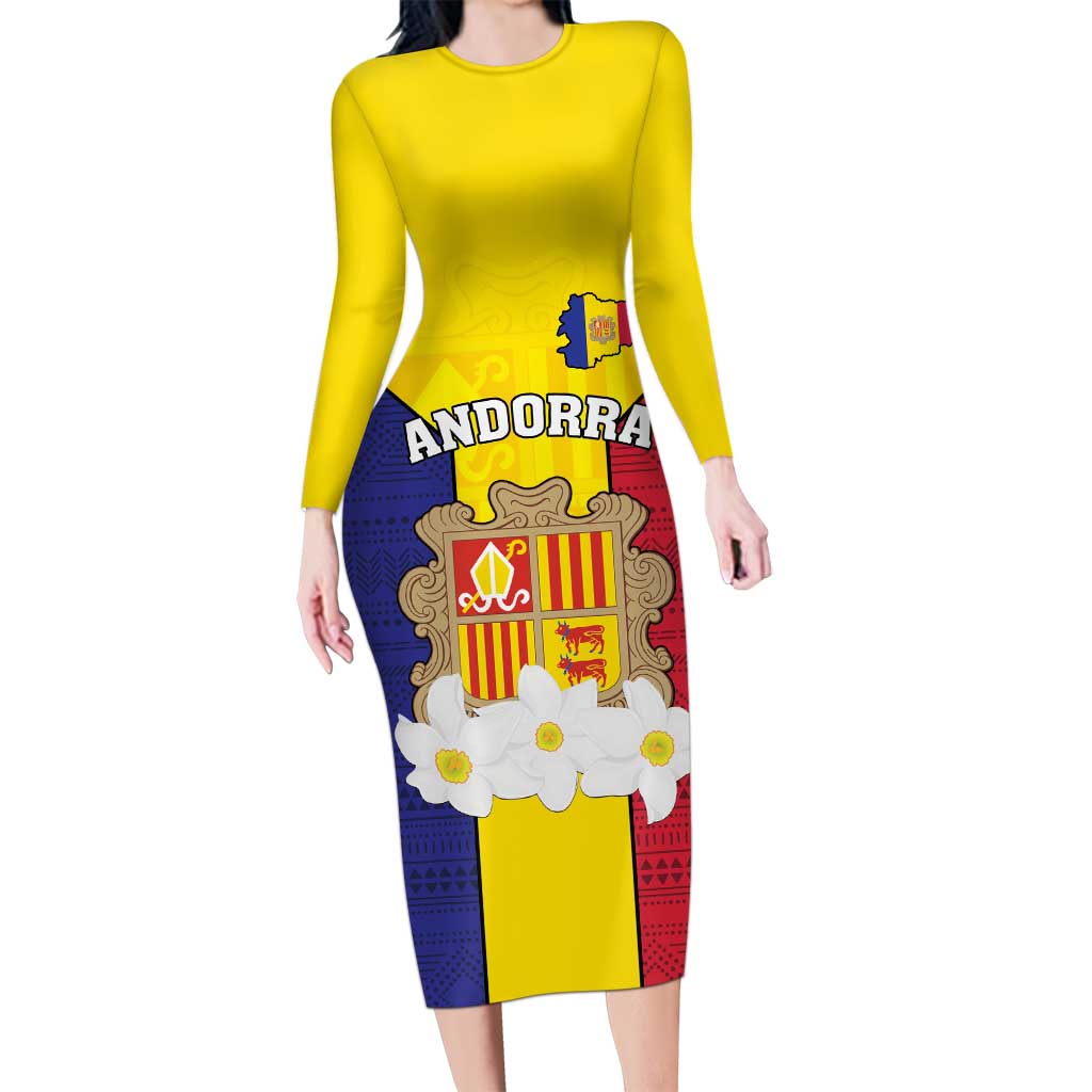 Custom Andorra Coat Of Arms Long Sleeve Bodycon Dress Narcissus Poeticus Flowers Flag Style