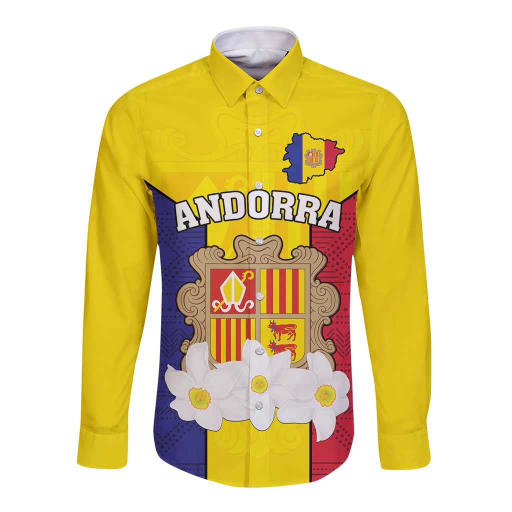 Custom Andorra Coat Of Arms Long Sleeve Button Shirt Narcissus Poeticus Flowers Flag Style