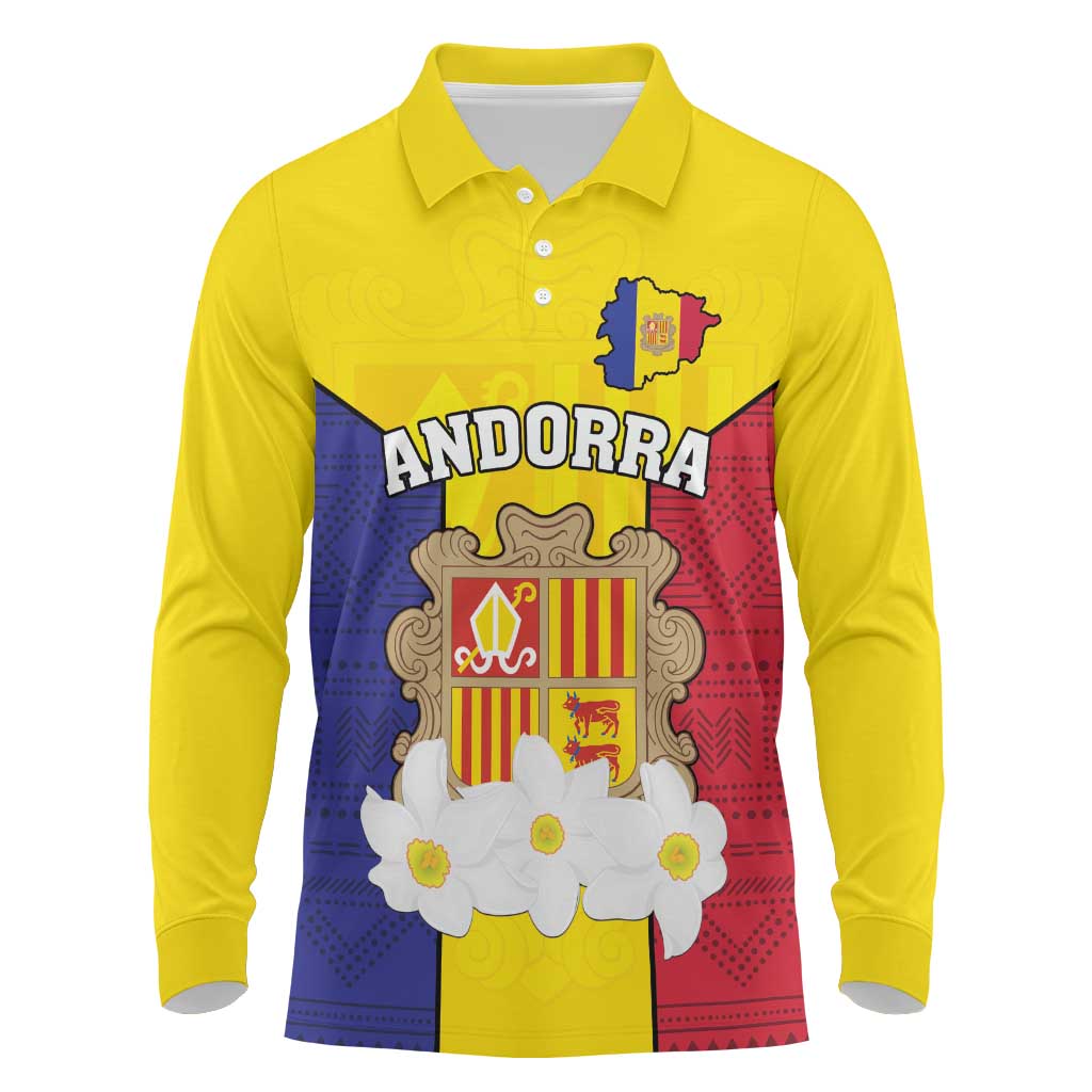 Custom Andorra Coat Of Arms Long Sleeve Polo Shirt Narcissus Poeticus Flowers Flag Style