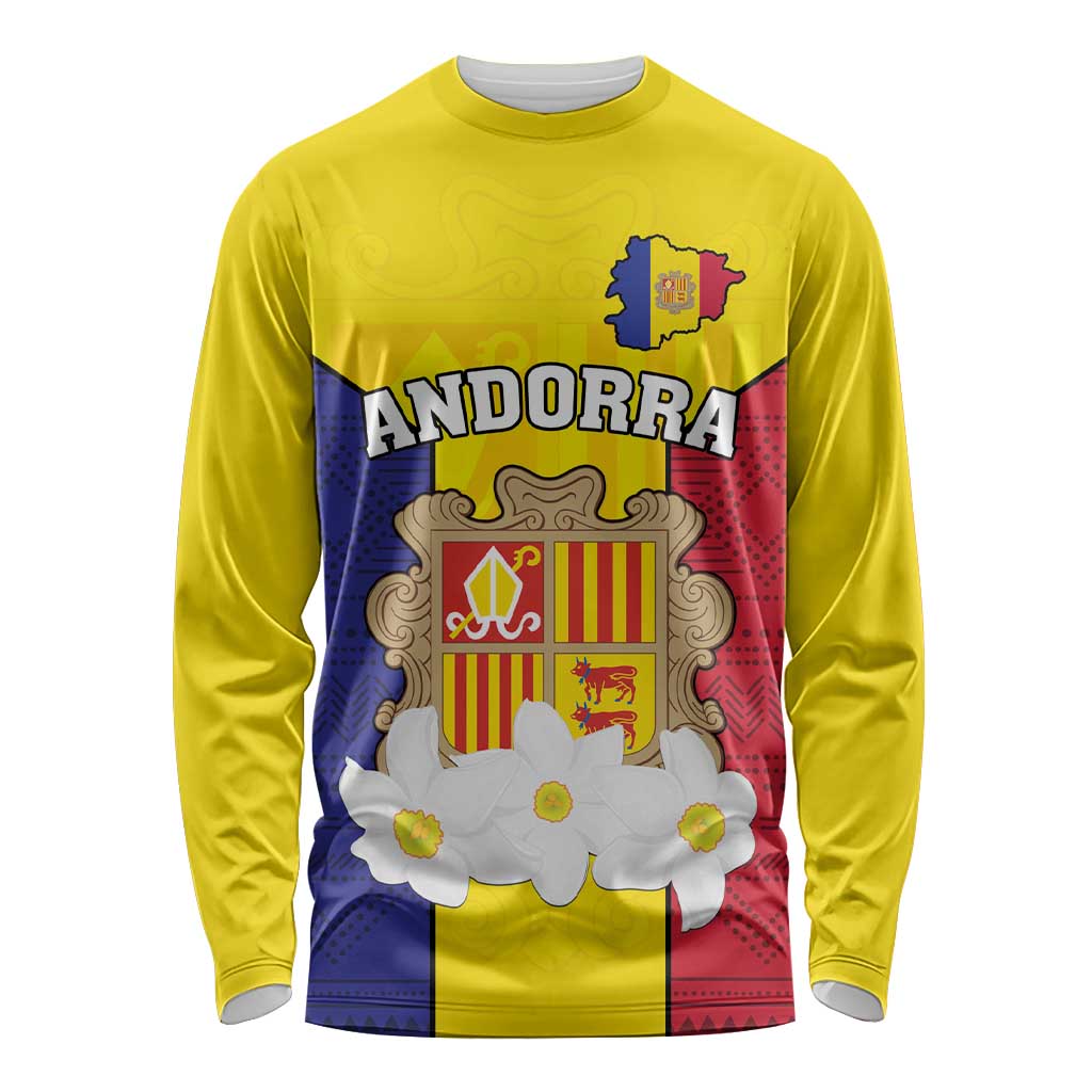 Custom Andorra Coat Of Arms Long Sleeve Shirt Narcissus Poeticus Flowers Flag Style