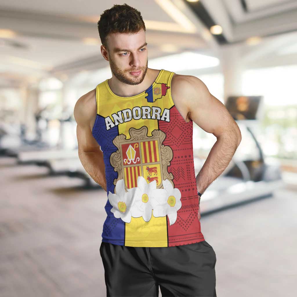 Custom Andorra Coat Of Arms Men Tank Top Narcissus Poeticus Flowers Flag Style