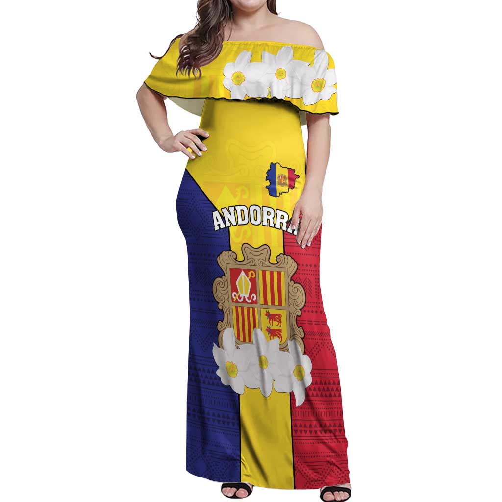 Custom Andorra Coat Of Arms Off Shoulder Maxi Dress Narcissus Poeticus Flowers Flag Style