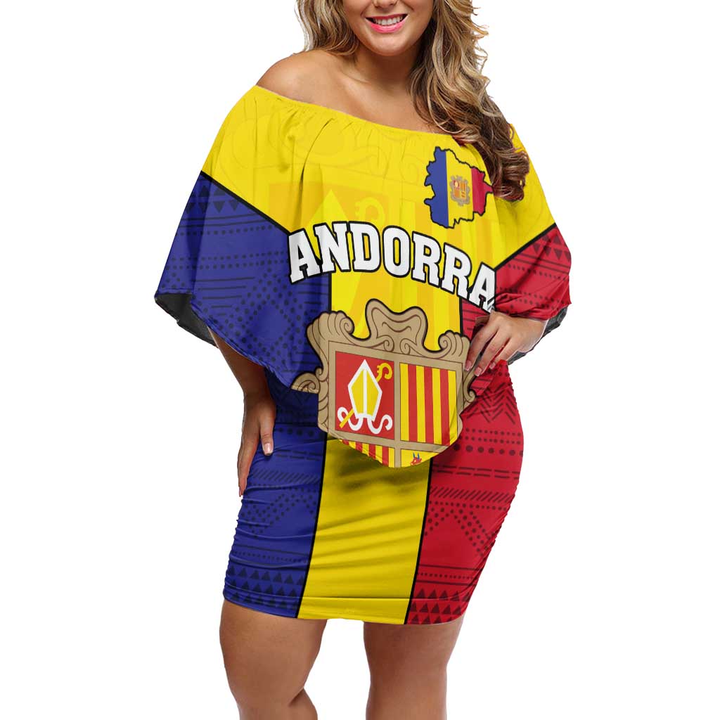 Custom Andorra Coat Of Arms Off Shoulder Short Dress Narcissus Poeticus Flowers Flag Style