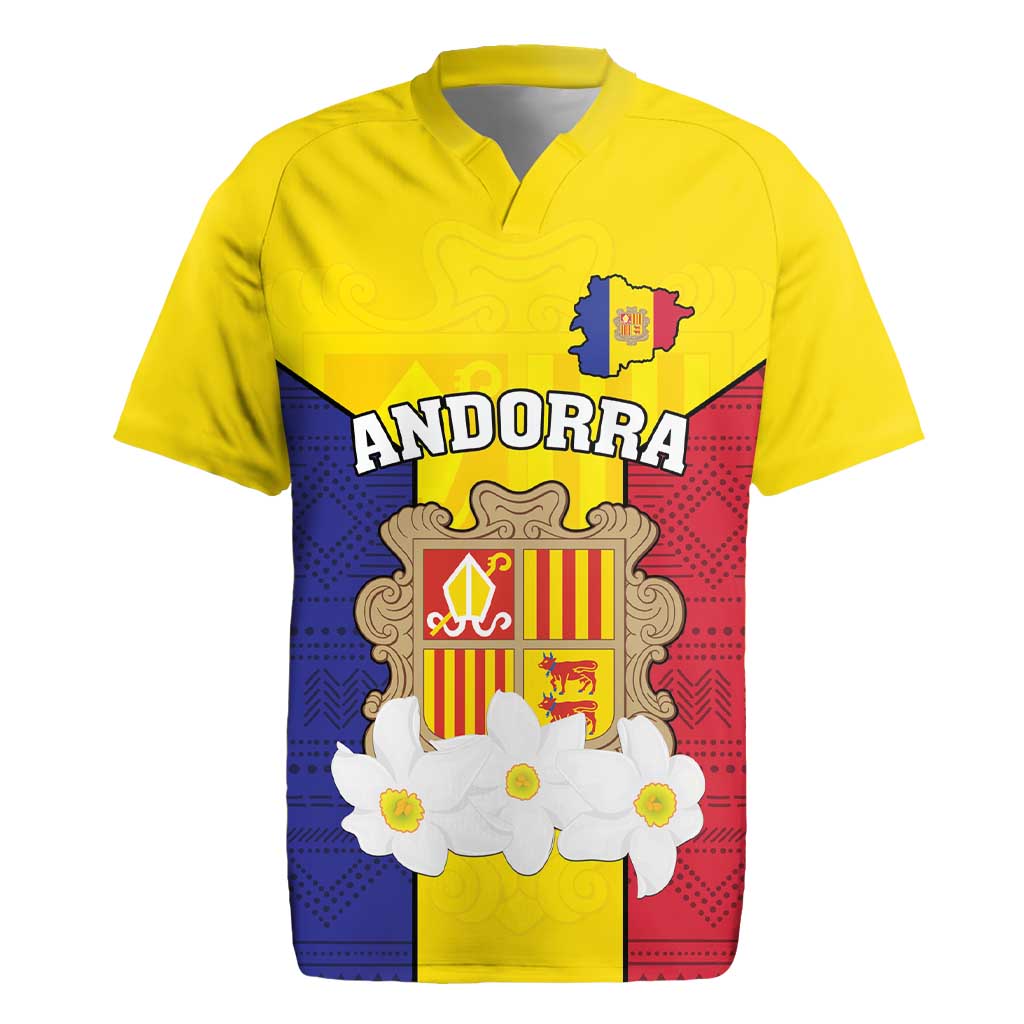 Custom Andorra Coat Of Arms Rugby Jersey Narcissus Poeticus Flowers Flag Style