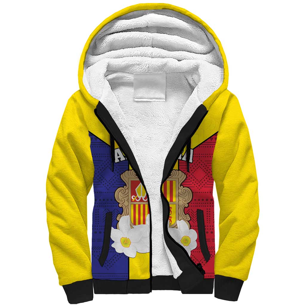 Custom Andorra Coat Of Arms Sherpa Hoodie Narcissus Poeticus Flowers Flag Style