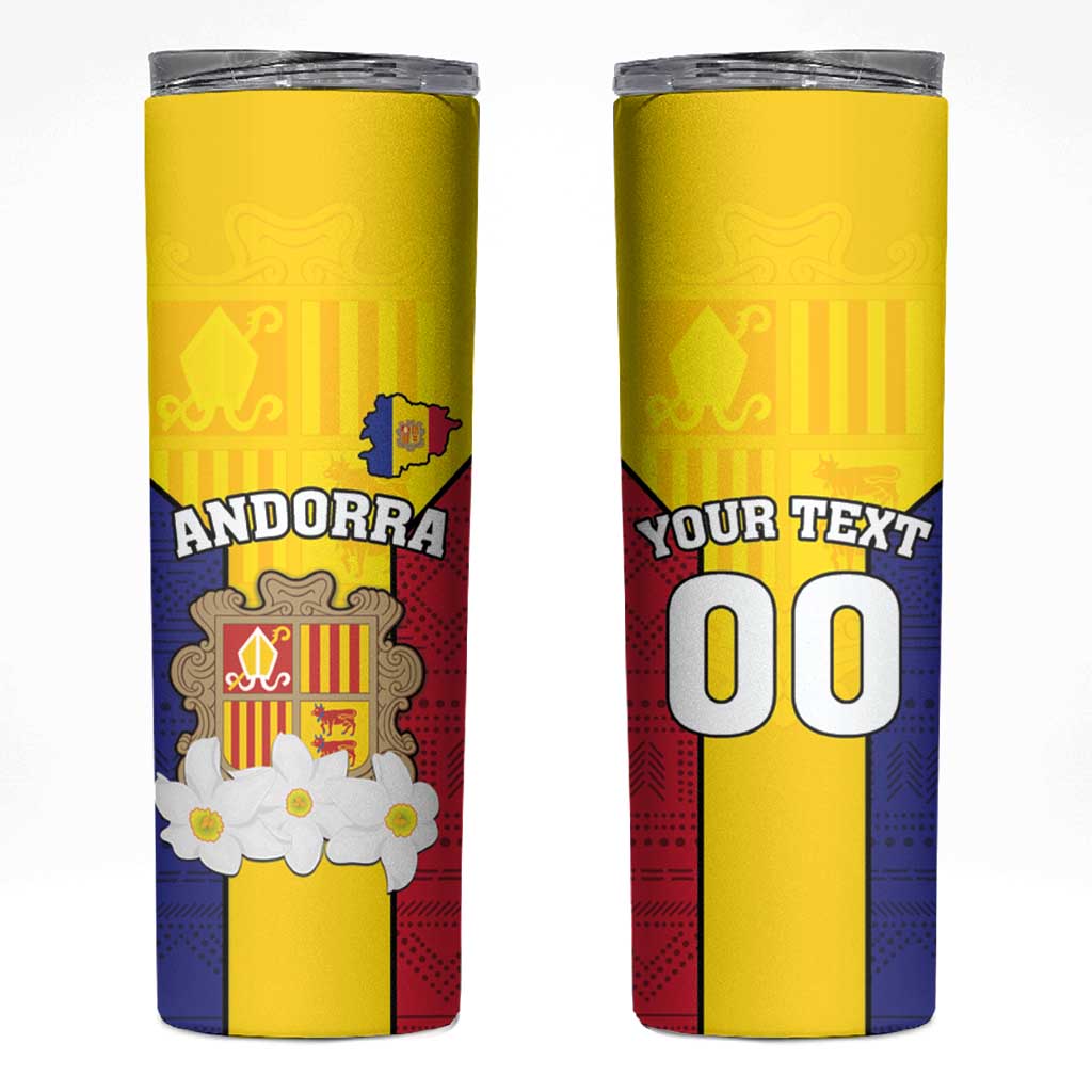 Custom Andorra Coat Of Arms Skinny Tumbler Narcissus Poeticus Flowers Flag Style