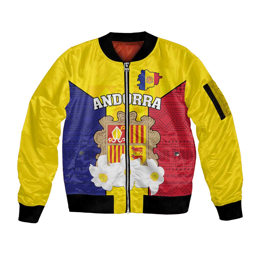 Custom Andorra Coat Of Arms Sleeve Zip Bomber Jacket Narcissus Poeticus Flowers Flag Style