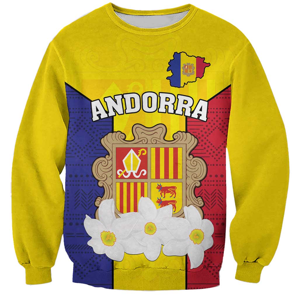 Custom Andorra Coat Of Arms Sweatshirt Narcissus Poeticus Flowers Flag Style