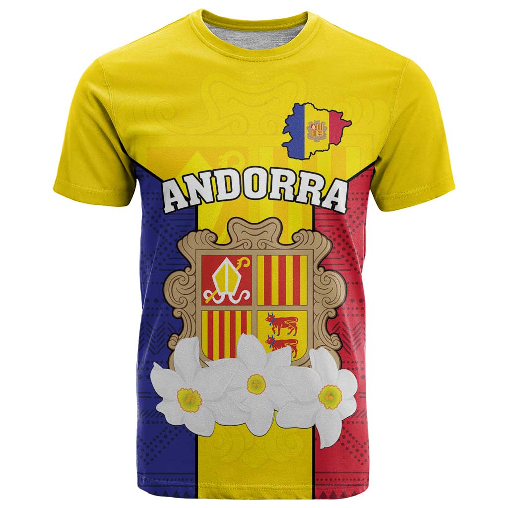 Custom Andorra Coat Of Arms T Shirt Narcissus Poeticus Flowers Flag Style