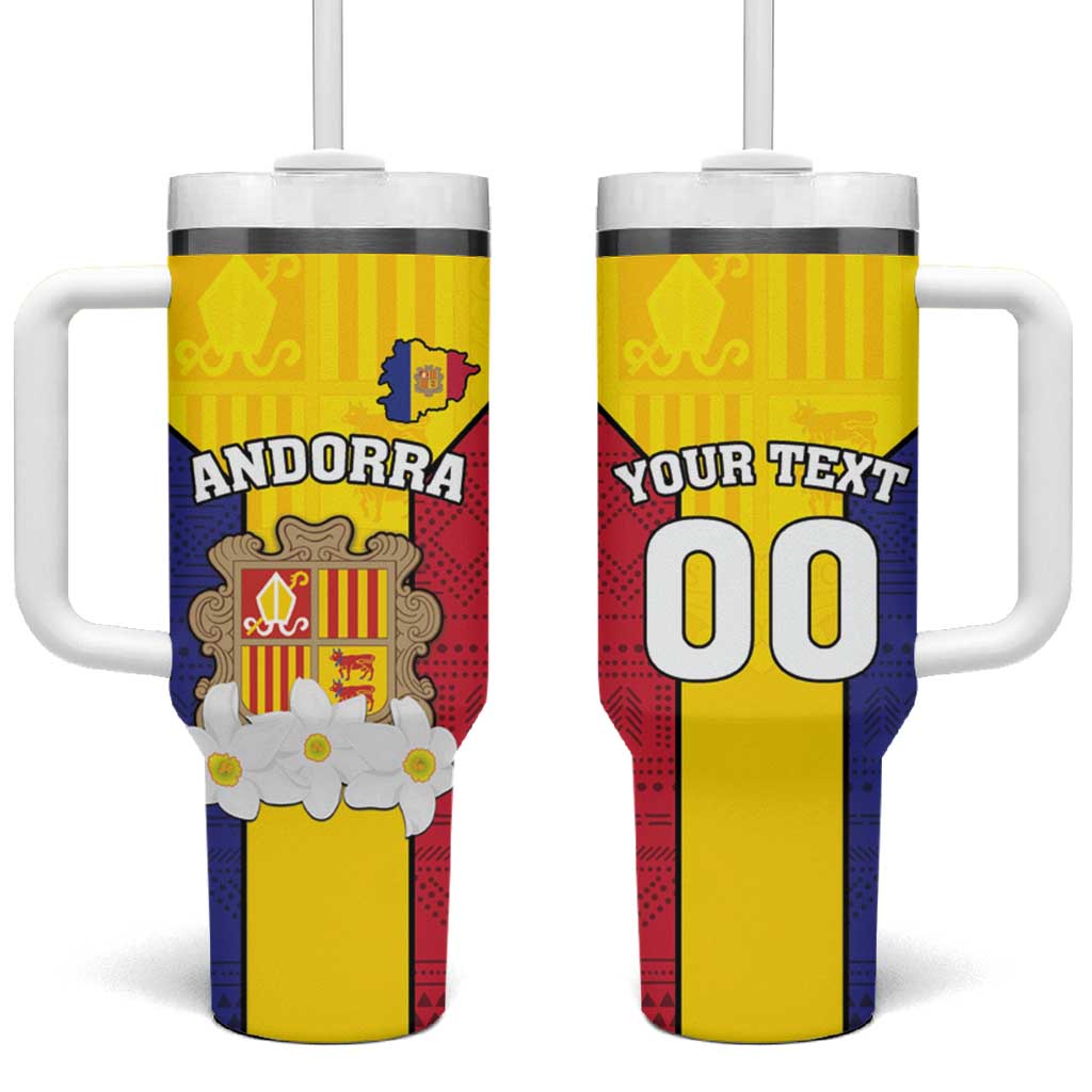 Custom Andorra Coat Of Arms Tumbler With Handle Narcissus Poeticus Flowers Flag Style