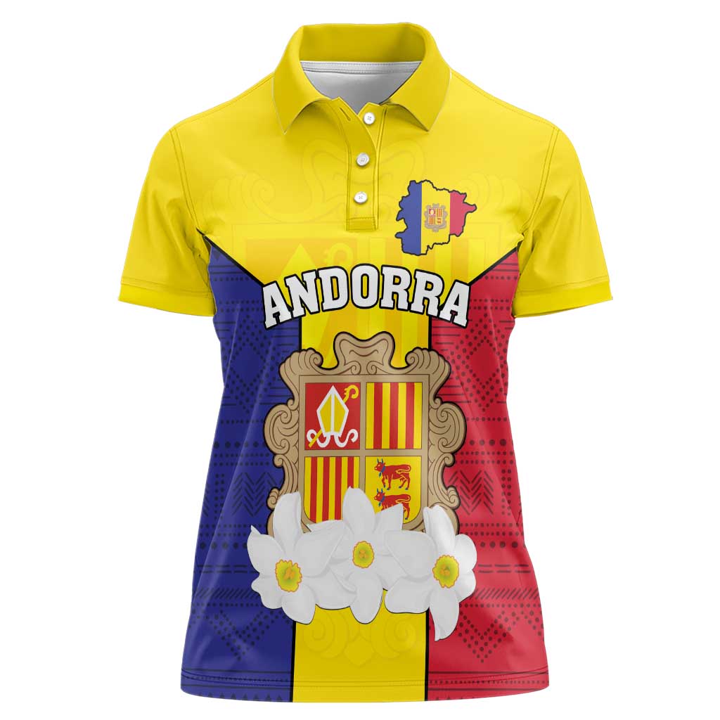 Custom Andorra Coat Of Arms Women Polo Shirt Narcissus Poeticus Flowers Flag Style