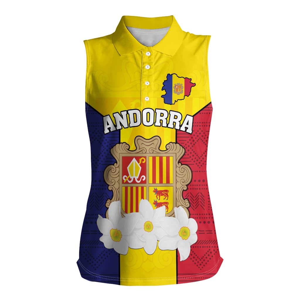 Custom Andorra Coat Of Arms Women Sleeveless Polo Shirt Narcissus Poeticus Flowers Flag Style