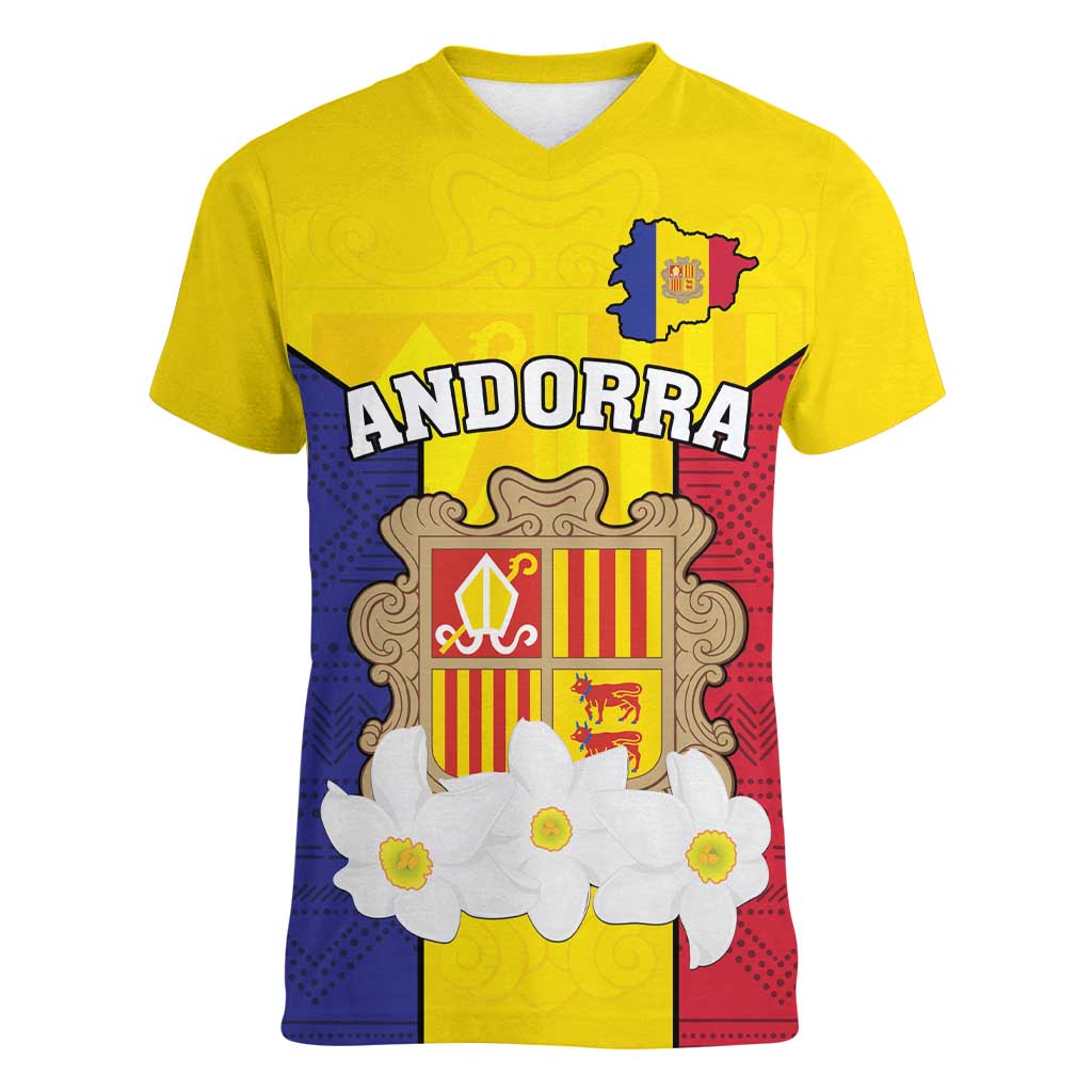 Custom Andorra Coat Of Arms Women V-Neck T-Shirt Narcissus Poeticus Flowers Flag Style