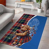 Blue tartan area rug featuring a highland cow playing bagpipes in a red plaid kilt