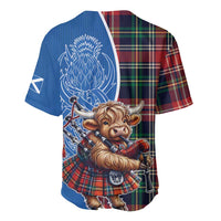Blue baseball jersey with Highland cow bagpipes and red tartan panel on back