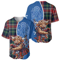 Set of blue baseball jerseys with Highland cow bagpipes and tartan panels