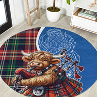 Blue round rug with Highland cow playing bagpipes on tartan plaid border