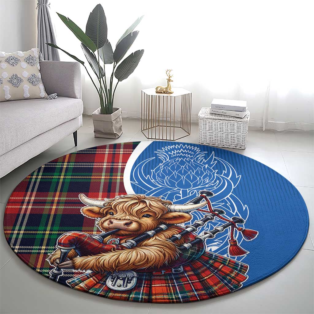 Round blue carpet with Highland cow and bagpipes print, tartan plaid side band