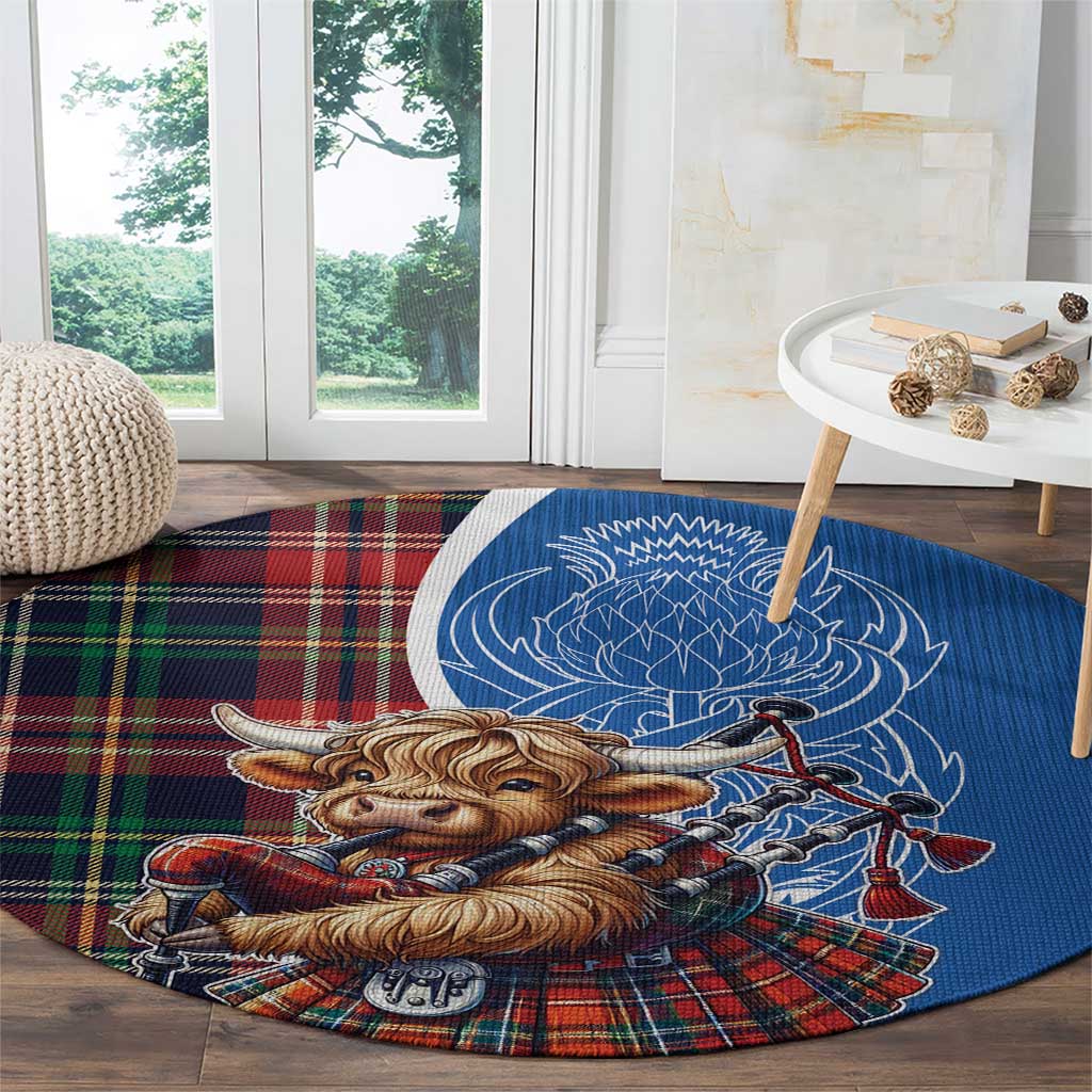 Blue round rug with Highland cow playing bagpipes illustration over tartan plaid