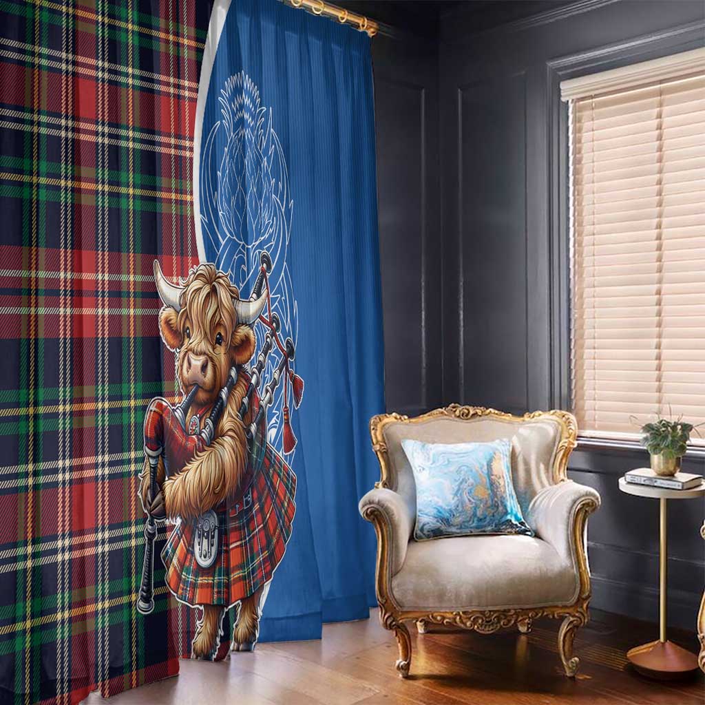 Blue window curtain with Highland cow playing bagpipes, red tartan accent panel